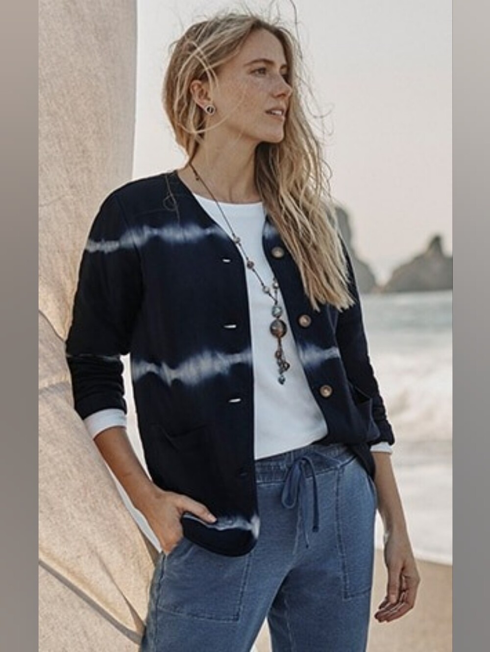 J.JILLPure Jill Tie-Dyed Navy Blue Cotton Knit Cardigan Blazer | SZ L